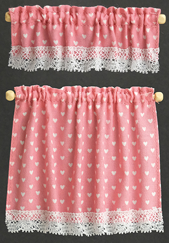 Dollhouse Miniature Cottage Curtains: Nursery Hearts, Pink
